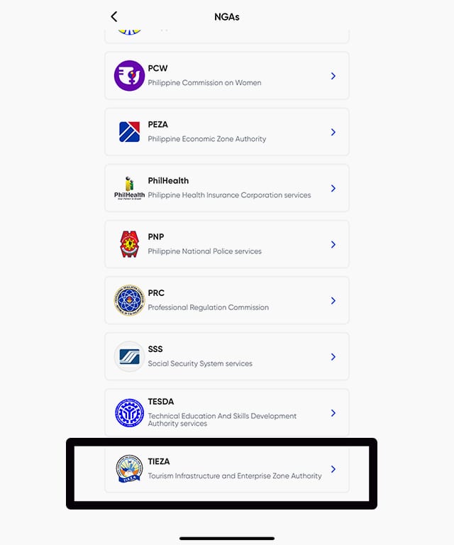 List of National Government Agencies in EGovPH app