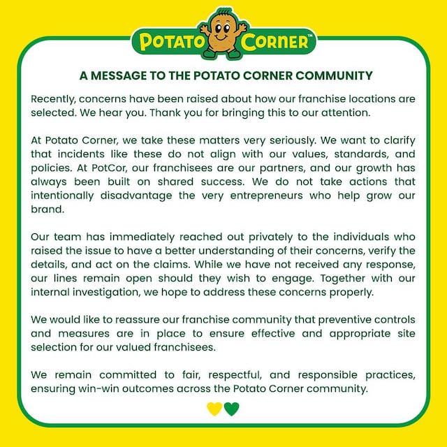 potato corner franchise statement