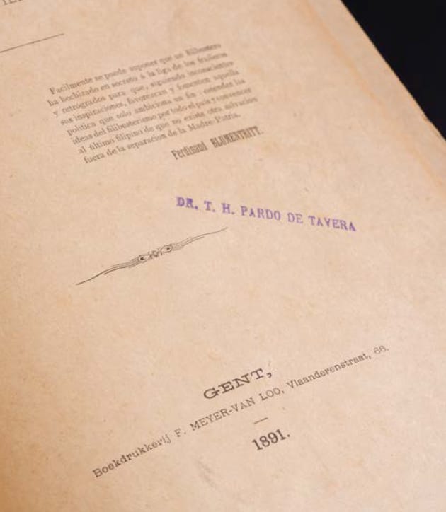 Title page with Blumentritt’s quotation, stamped with the name “Dr. T.H. Pardo de Tavera”