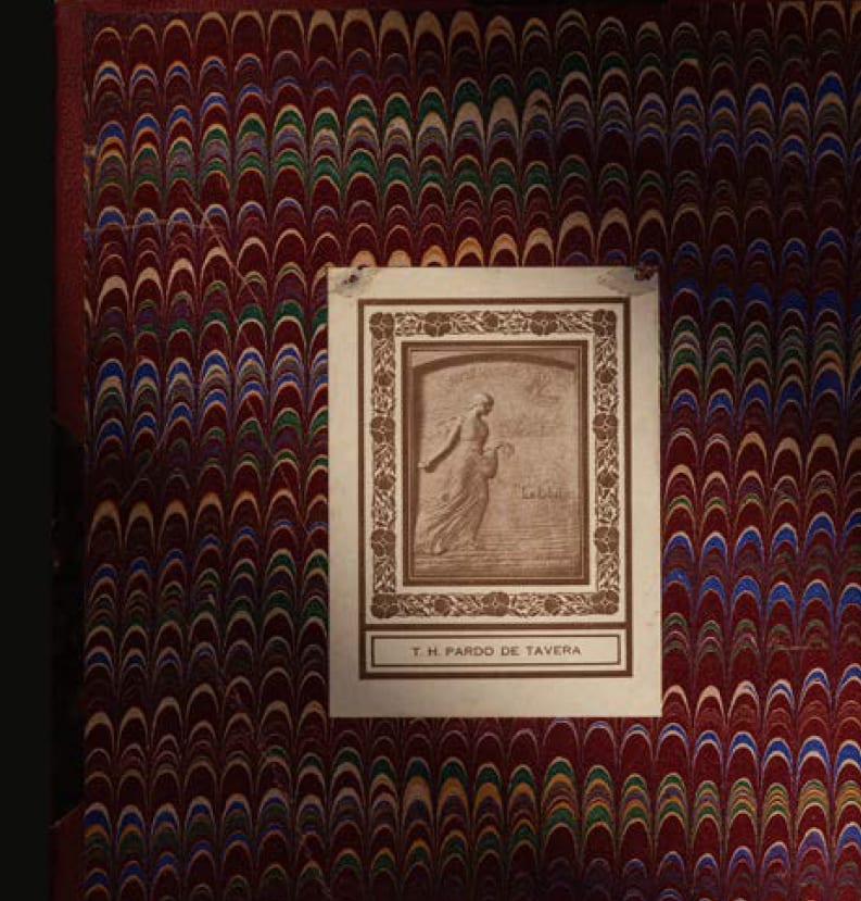 Ex-Libris of T.H. Pardo de Tavera, on the marbled endpaper of the inside front cover of the Fili