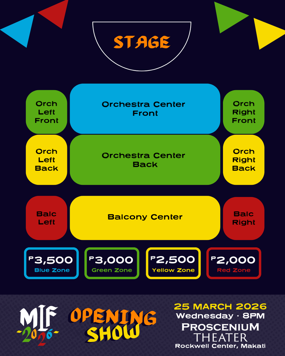 seating chart for the Opening Show of the Manila Improv Festival 2026.