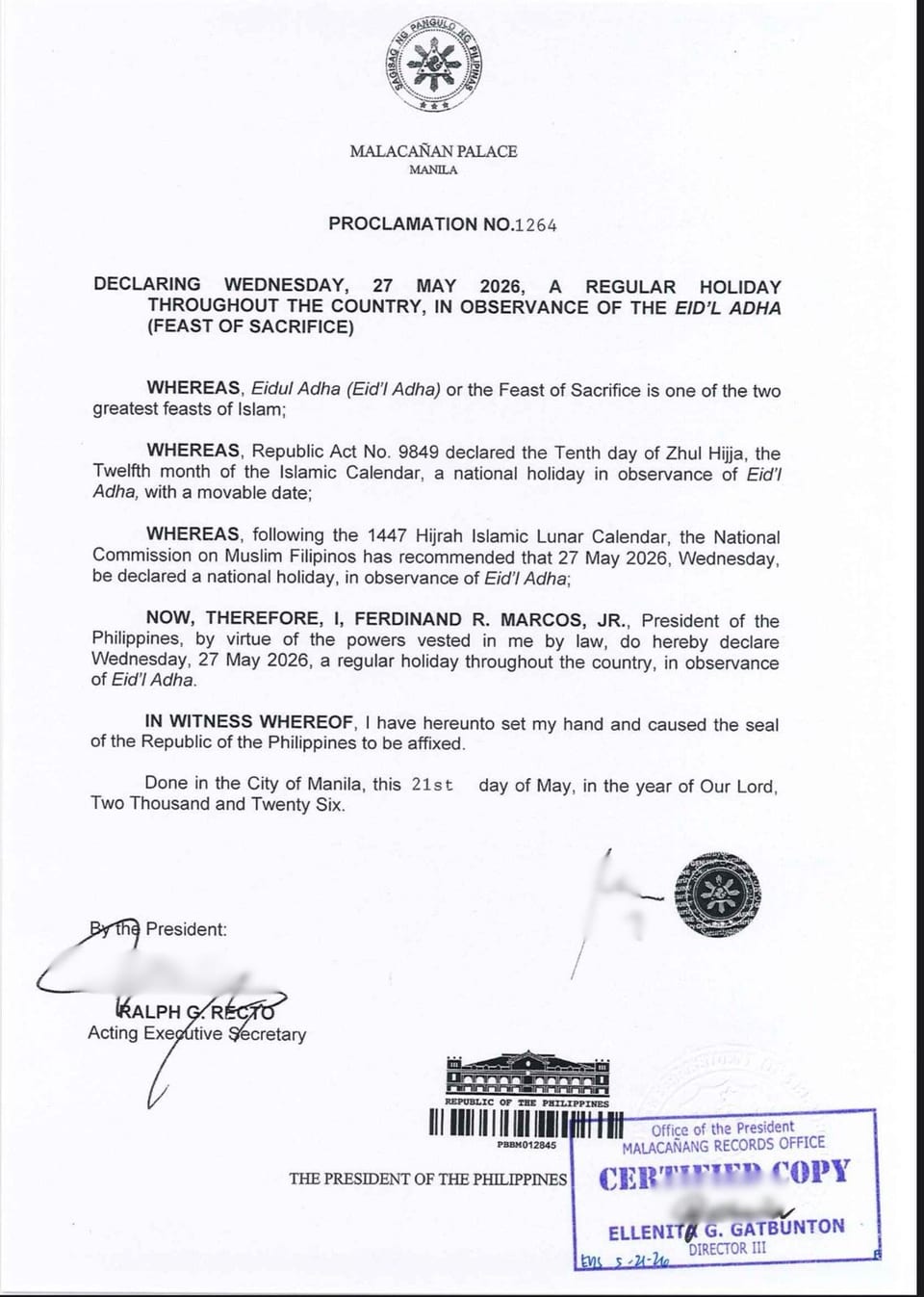 may 27 2026 holiday