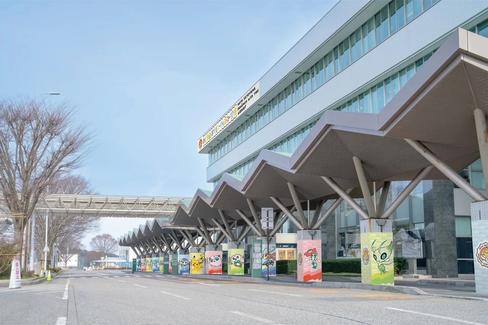 Pokemon-designed wraps are setup to welcome passengers to the Noto Satoyama Pokemon With You Airport