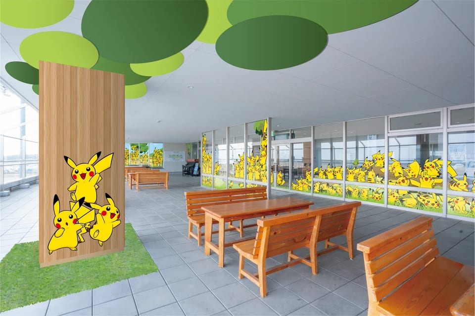 It's Pikachu! The yellow electric pocket monster has taken over the Noto Satoyama Airport observation deck.