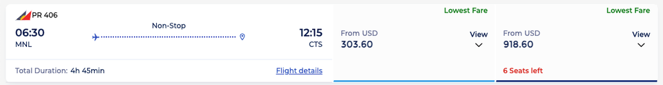 A sample booking for Manila-Sapporo via Philippine Airlines. Photo: Screenshot/Website Philippine Airlines