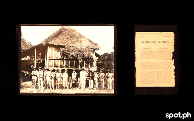 an archival photograph of Filipino troops with the June 15, 1899 issue of Gaceta de Filipinas,