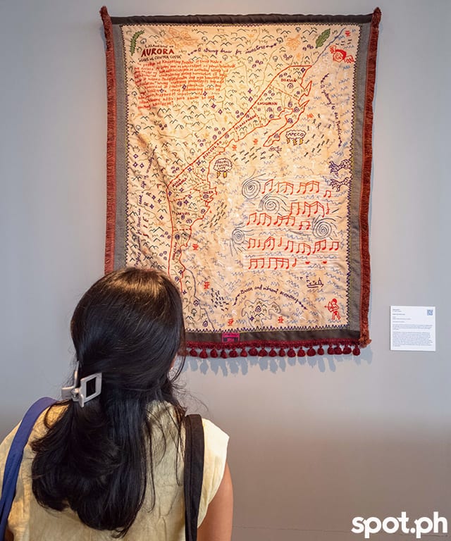 Cian Dayrit’s “Hugis ng Contra Costa,” a large embroidered artwork mapping Aurora.