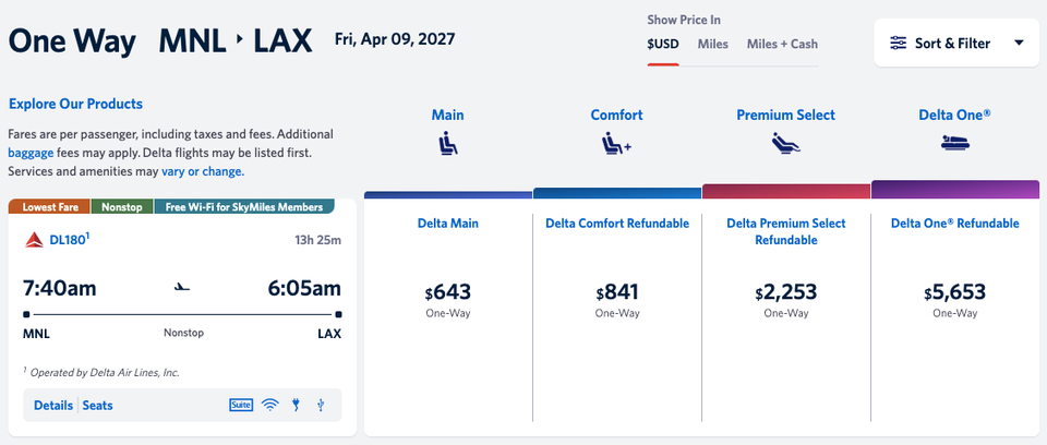 Prices of each cabin tier for the Manila-LA flights
