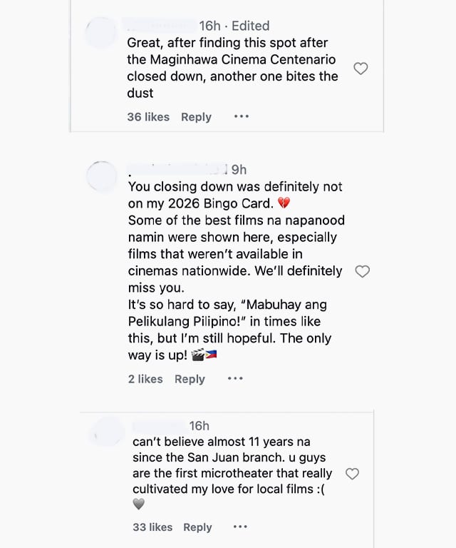 Some comments from Cinema '76 patrons lamenting the closure of the microcinema